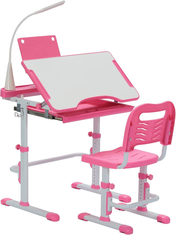 Kids Desk and Chair Set – Height Adjustable with Tilt Desktop, LED Light & Storage