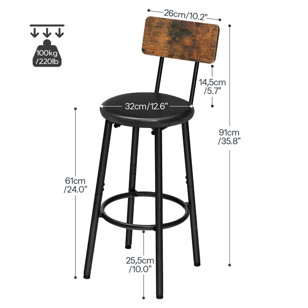 Bar Stools Set of 2, 26" Counter Height with PU Cushion, Footrest & Back
