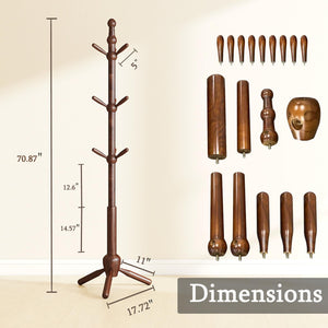 Solid Wood Coat Rack Stand with 9 Hooks & Adjustable Height