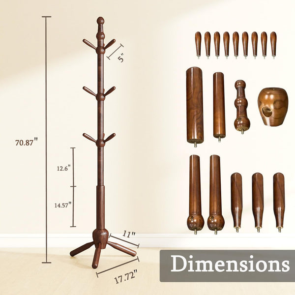 Solid Wood Coat Rack Stand with 9 Hooks & Adjustable Height