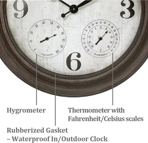 26" Indoor Outdoor Farmhouse Wall Clock with Thermometer & Hygrometer