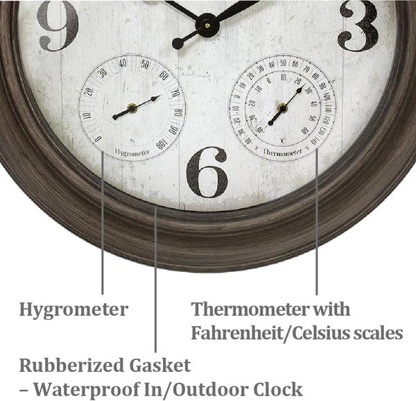 26" Indoor Outdoor Farmhouse Wall Clock with Thermometer & Hygrometer