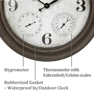 26" Indoor Outdoor Farmhouse Wall Clock with Thermometer & Hygrometer