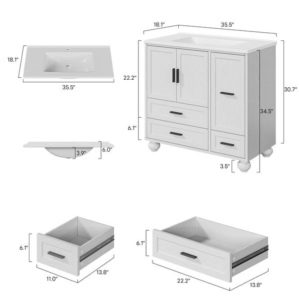 36" Bathroom Vanity with Sink and Hair Tool Drawer – 4 Drawers, 2 Doors, Undermount SMC Sink, White