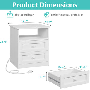 White Wooden Nightstand with LED Lights & Charging Station