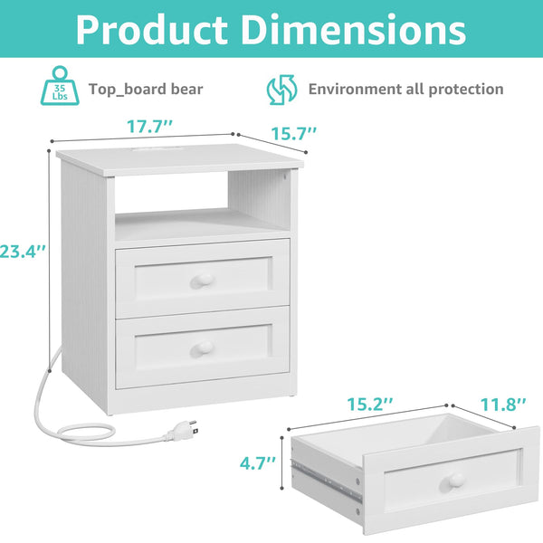 White Wooden Nightstand with LED Lights & Charging Station