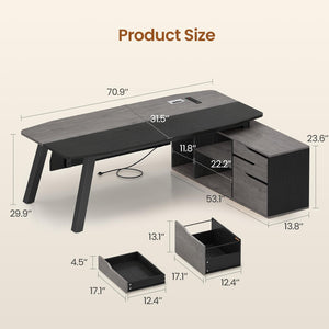 L-Shaped Executive Desk with File Cabinet and Power Outlets