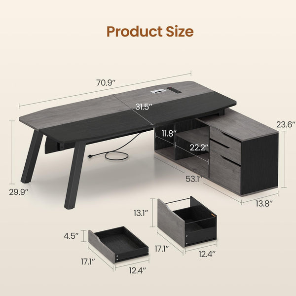 L-Shaped Executive Desk with File Cabinet and Power Outlets