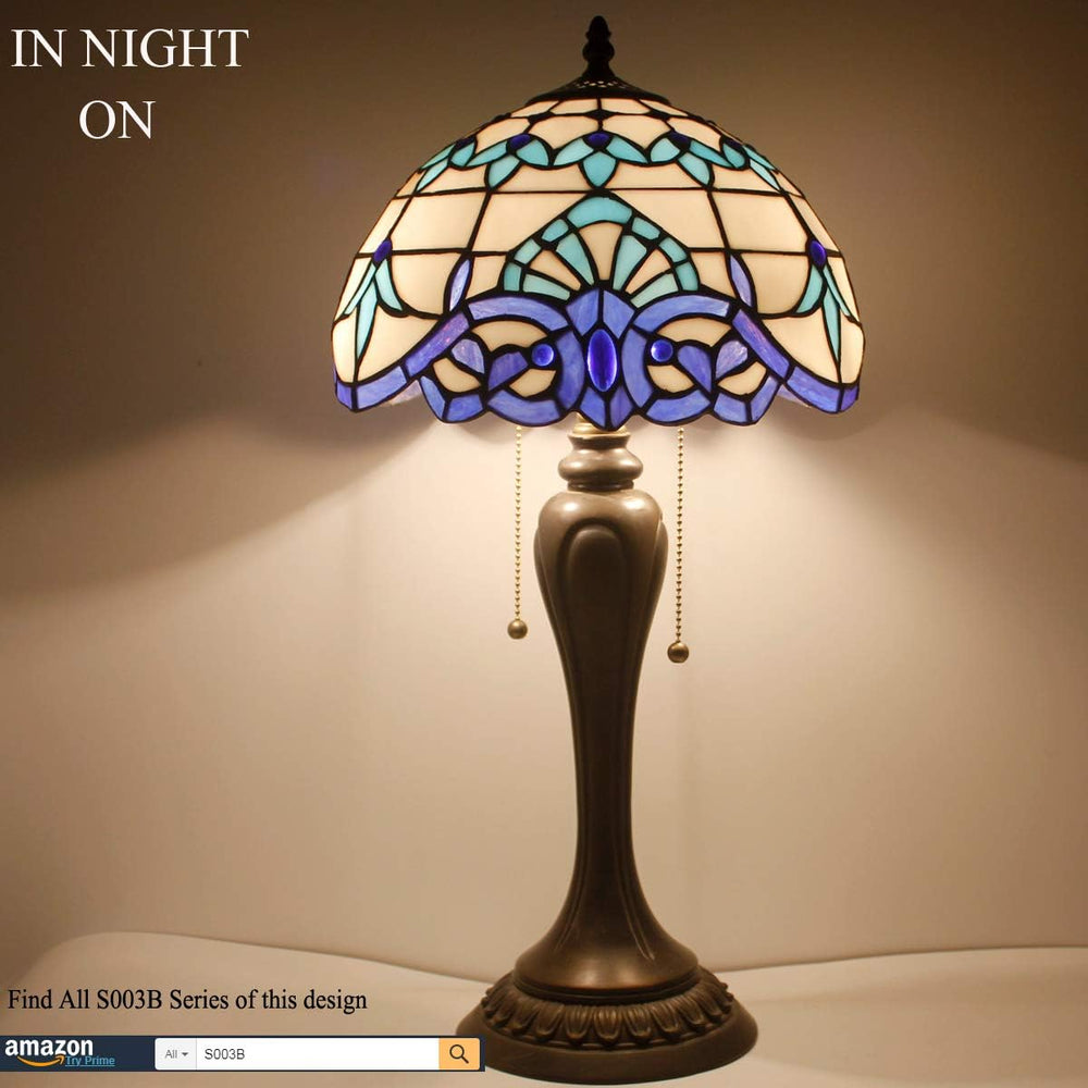 Tiffany Style Stained Glass Table Lamp – White Navy Blue Baroque