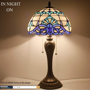 Tiffany Style Stained Glass Table Lamp – White Navy Blue Baroque