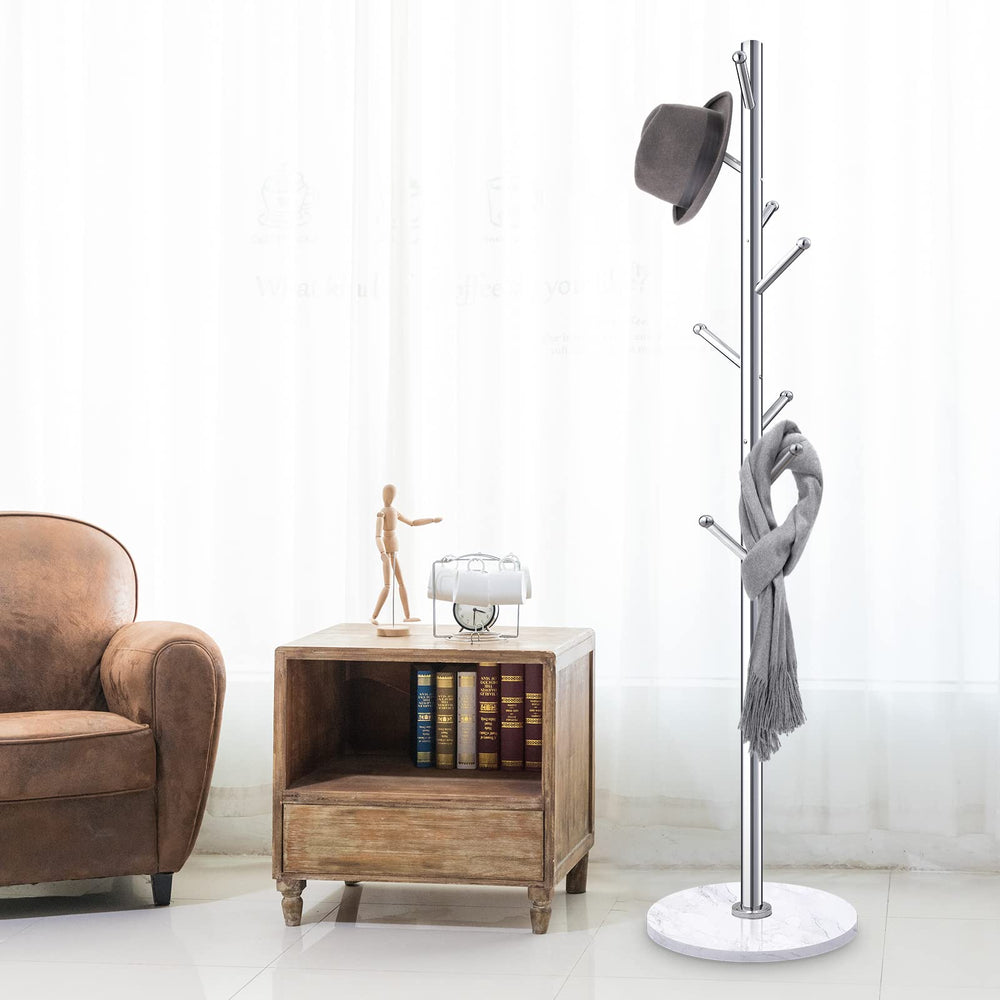 Freestanding Coat Rack with Marble Base & 8 Hooks — Silver