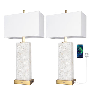 Marble Nightstand Lamps Set of 2 with USB Ports & 3-Color Temperature LED