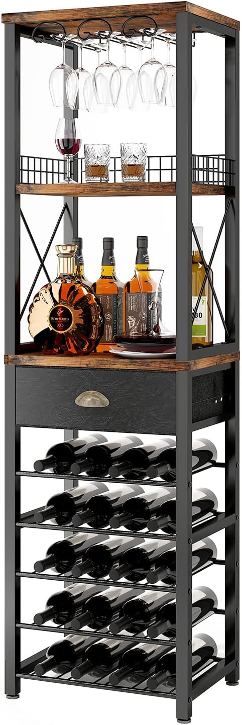 4-Tier Freestanding Wine Rack with Bar Cabinet & Glass Holder