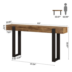 63-Inch Console Table with Solid Wood Top & Metal Legs