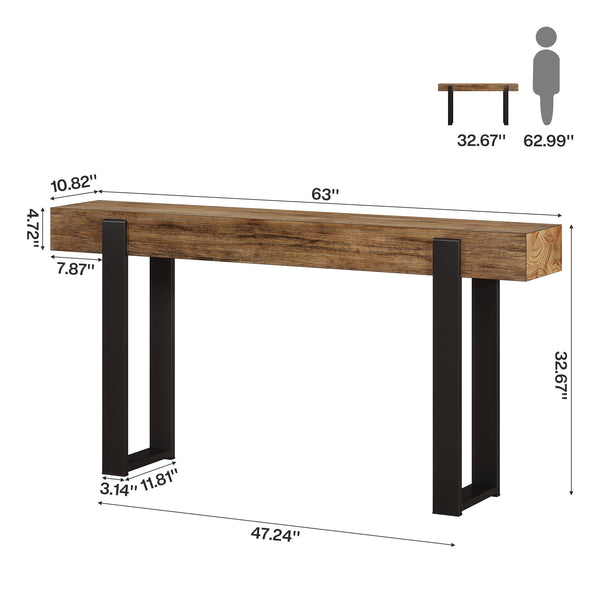 63-Inch Console Table with Solid Wood Top & Metal Legs