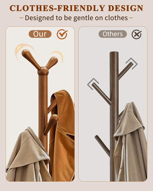 Solid Wood Freestanding Coat Rack with 8 Hooks
