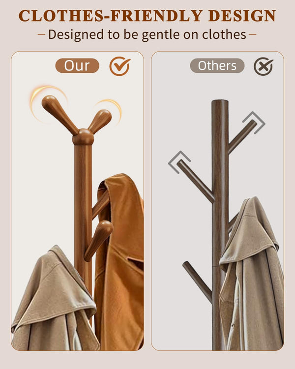 Solid Wood Freestanding Coat Rack with 8 Hooks