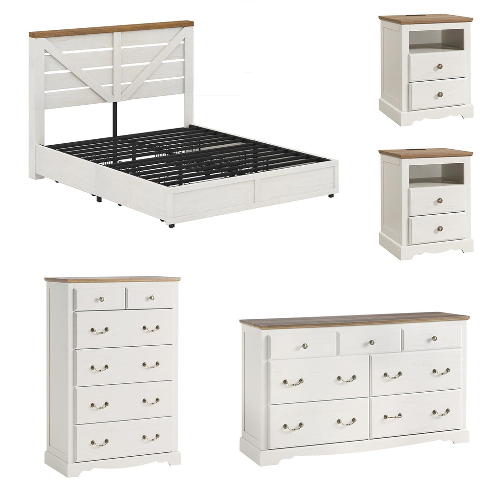 5-Piece Farmhouse Bedroom Set with Storage Bed, Dressers & Nightstands