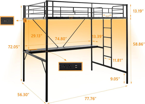 Metal Loft Bed with Desk, LED Lights & Charging Stations