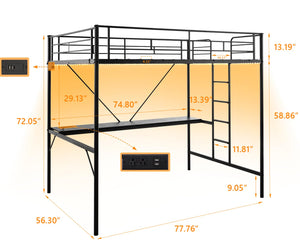 Metal Loft Bed with Desk, LED Lights & Charging Stations