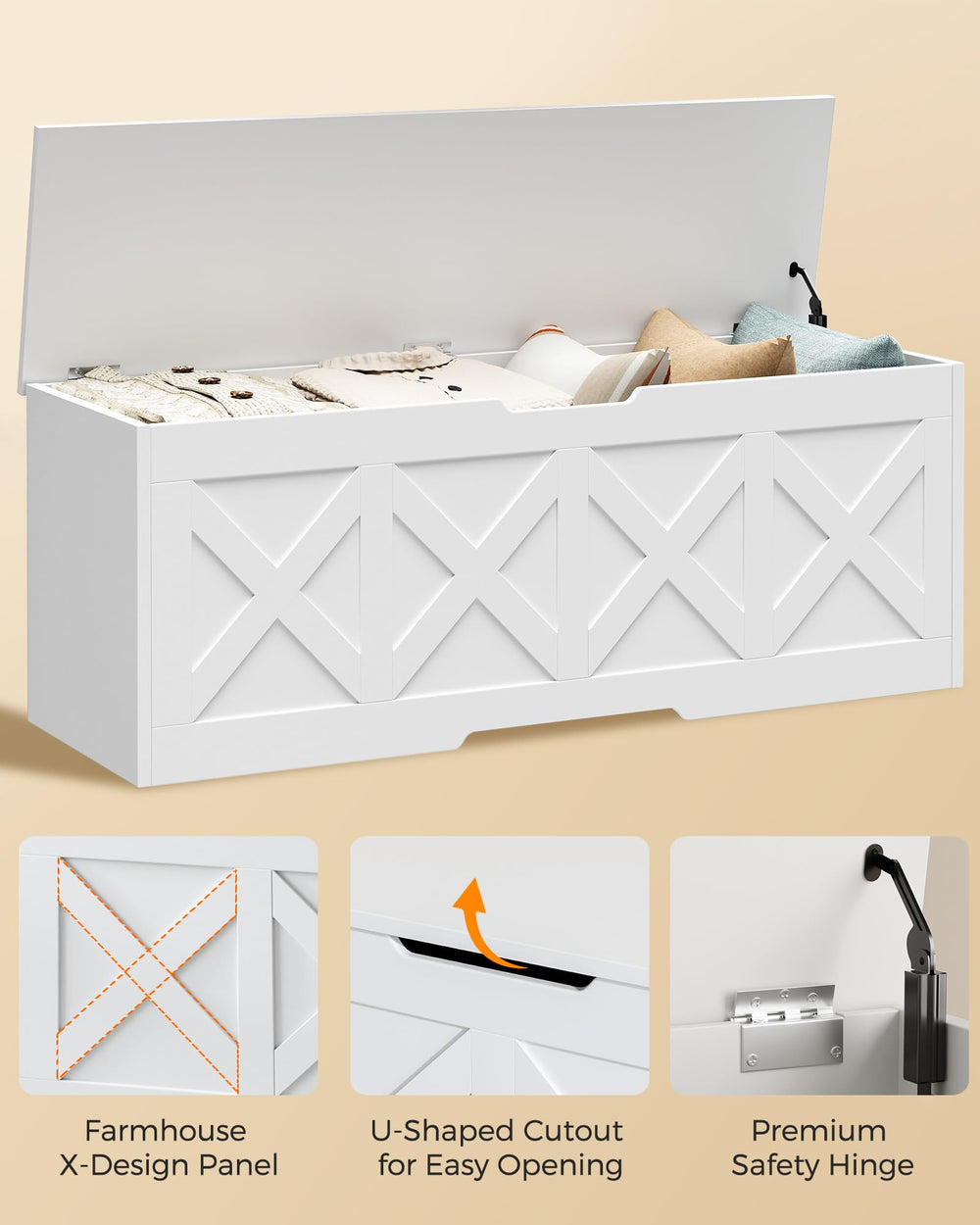 Extra-Large Wooden Storage Chest with Safety Hinge – Farmhouse Entryway Bench