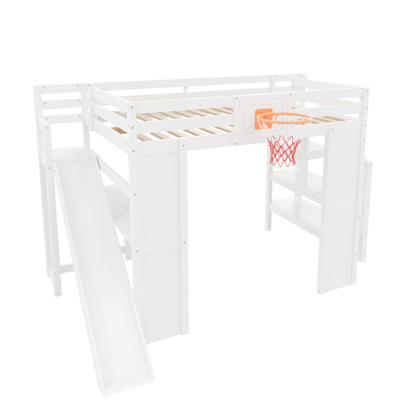 Full Size Kids Loft Bed with Slide, Desk & Storage
