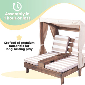 Kids Outdoor Double Chaise Lounge with Canopy & Cup Holders