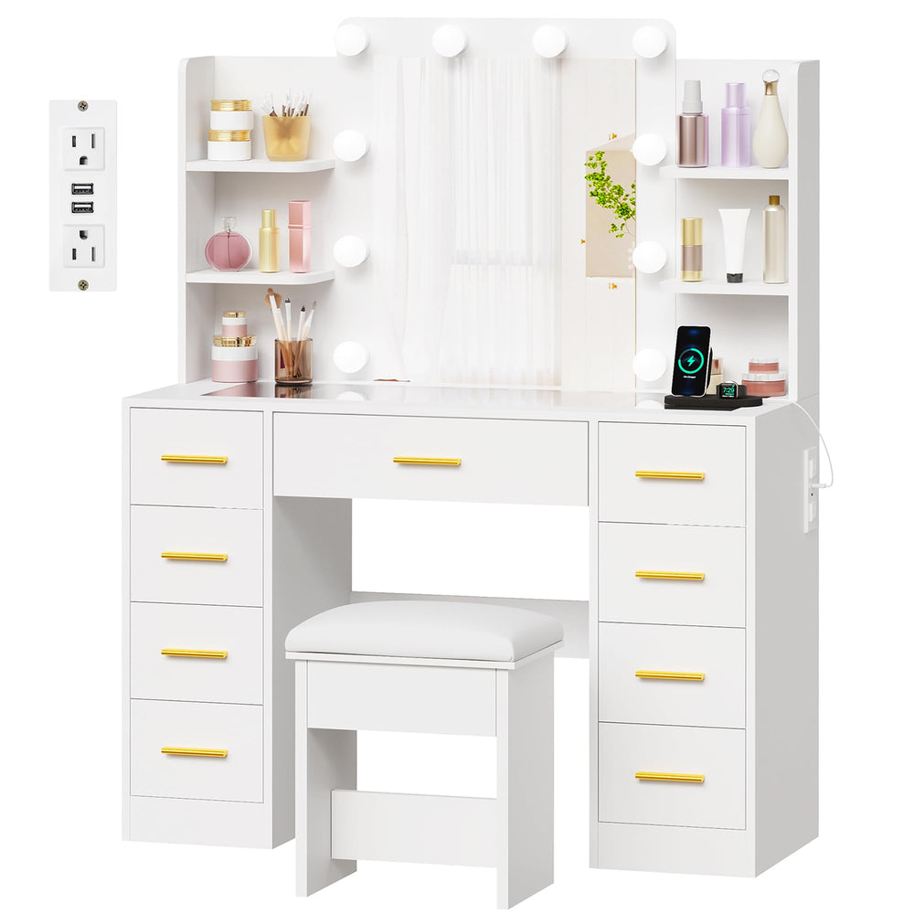 Makeup Vanity Desk with Mirror, Lights & 9 Drawers