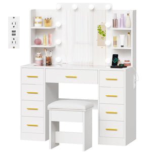 Makeup Vanity Desk with Mirror, Lights & 9 Drawers