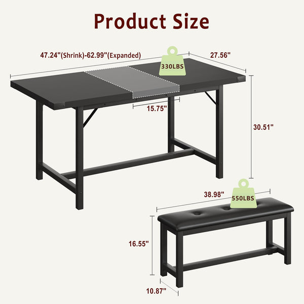 3-Piece Extendable Dining Table Set with 2 Upholstered Benches