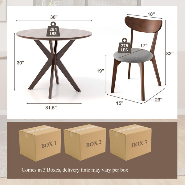 5-Piece Round Dining Table Set with 4 Chairs – Rubber Wood Legs, Brown