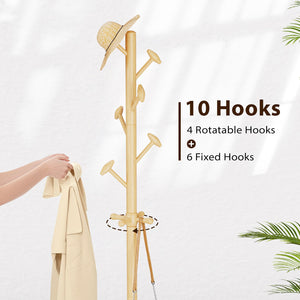 Solid Wood Freestanding Coat Rack with 10 Hooks