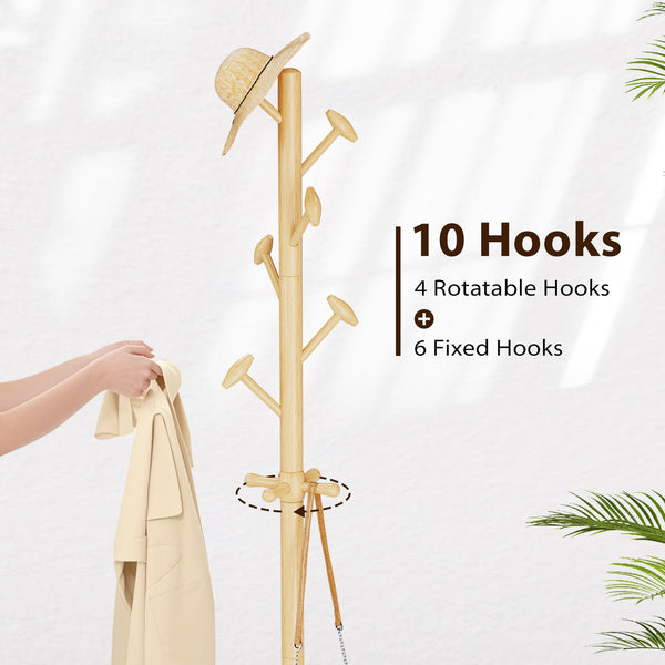Solid Wood Freestanding Coat Rack with 10 Hooks