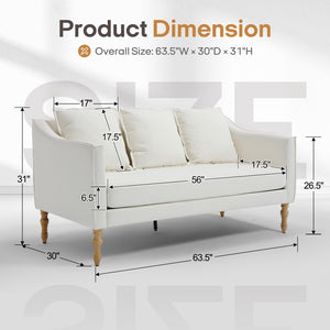 Farmhouse Loveseat Sofa with Wood Legs – 63" 3-Seater Couch