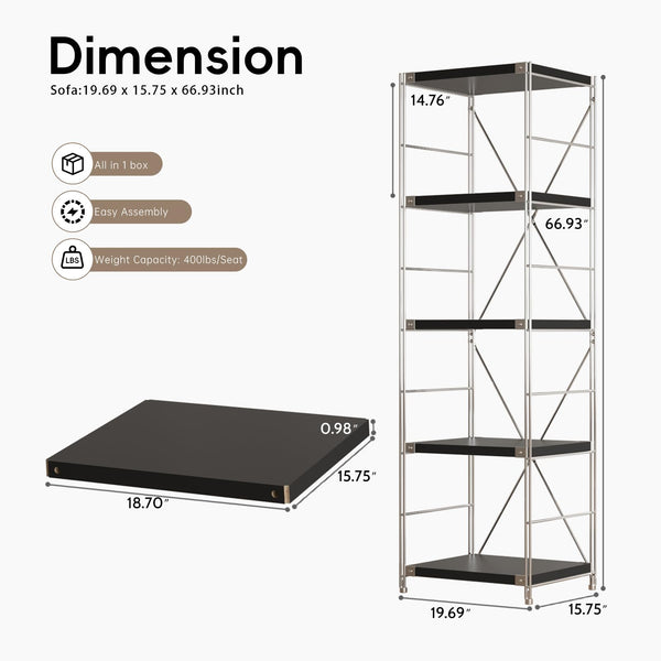 5-Tier Industrial Bookshelf with Adjustable Shelves