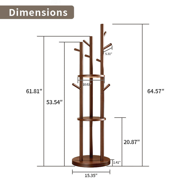 Rotating Solid Wood Coat Rack with 3 Shelves & 9 Hooks