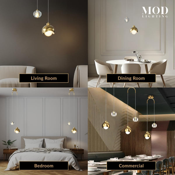 Gold Crystal Modern Pendant Light – Dimmable LED, Adjustable Hanging
