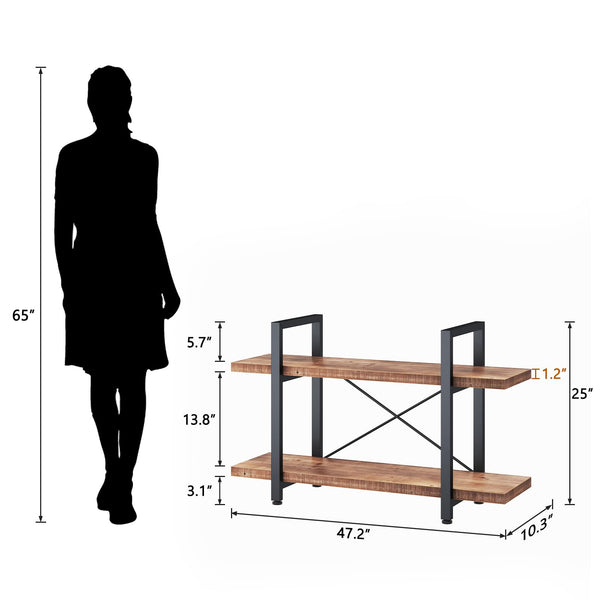 2-Tier Solid Wood Bookshelf with Metal Frame