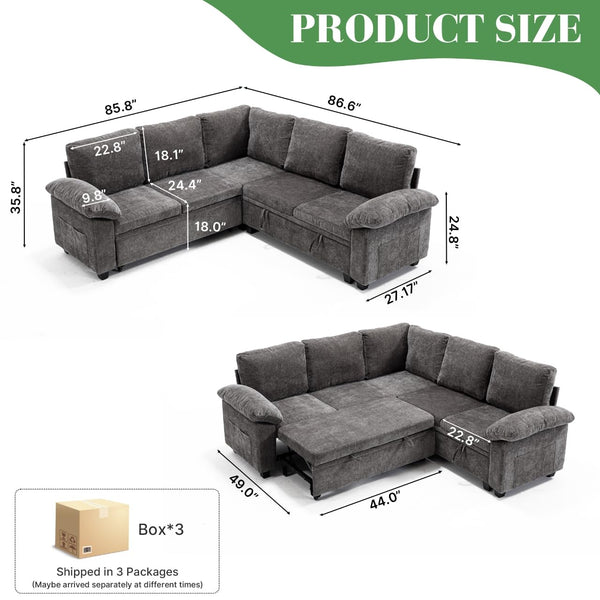 L-Shaped Sectional Sofa Bed with Storage – 5-Seat Convertible Sleeper Sofa