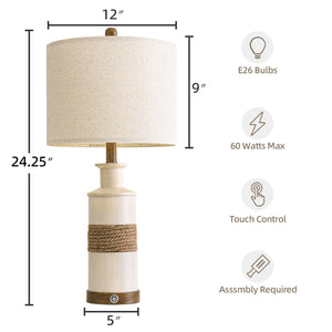 Boho Rattan Table Lamps Set of 2 with Touch Dimmer & USB Ports