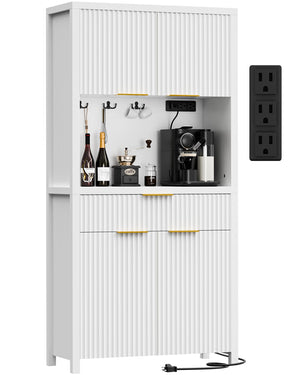 Fluted Pantry Cabinet with Charging Station, Adjustable Shelves & Storage Drawers