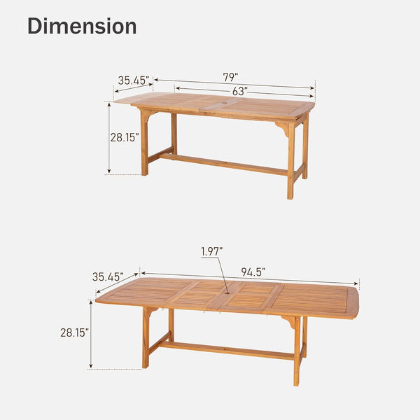 Extendable Acacia Wood Outdoor Dining Table with Umbrella Hole