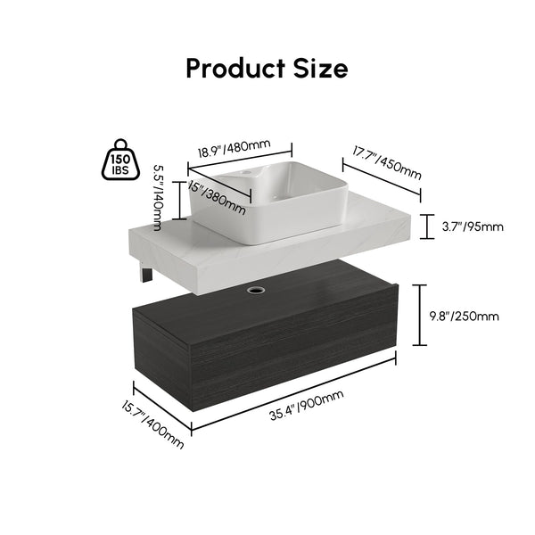 35" Floating Bathroom Vanity with Sintered Stone Countertop & Ceramic Sink
