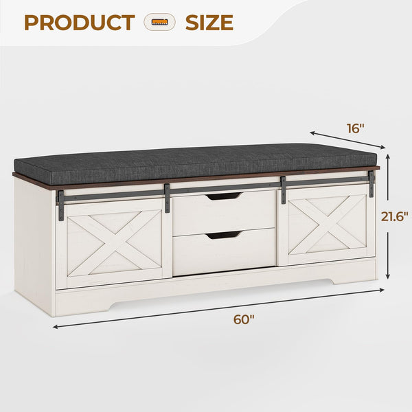 Farmhouse Storage Bench with Cushion & Sliding Barn Doors