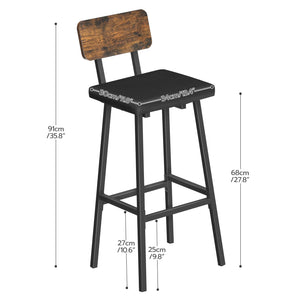 Bar Stools Set of 2 – PU Upholstered with Backrest & Footrest, Rustic Brown & Black
