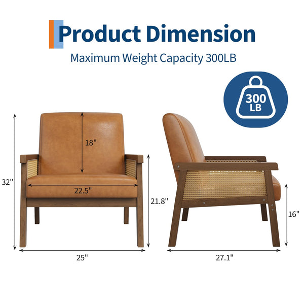 Rattan Arm Accent Chair, High Back PU Leather, Wooden Frame