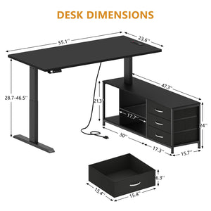 L-Shaped Electric Standing Desk with Drawers & Shelves
