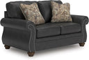Rustic Faux Leather Loveseat with Nailhead Trim & Throw Pillows