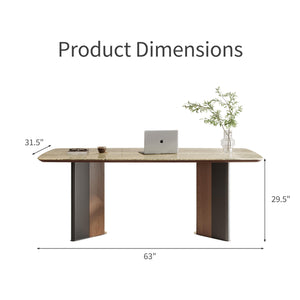 63-Inch Stone Top Dining Table with Dual-Tone Pedestal Legs