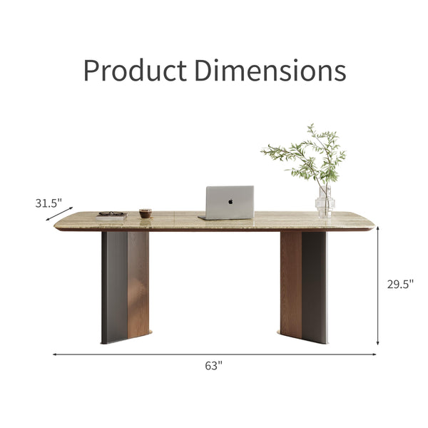 63-Inch Stone Top Dining Table with Dual-Tone Pedestal Legs